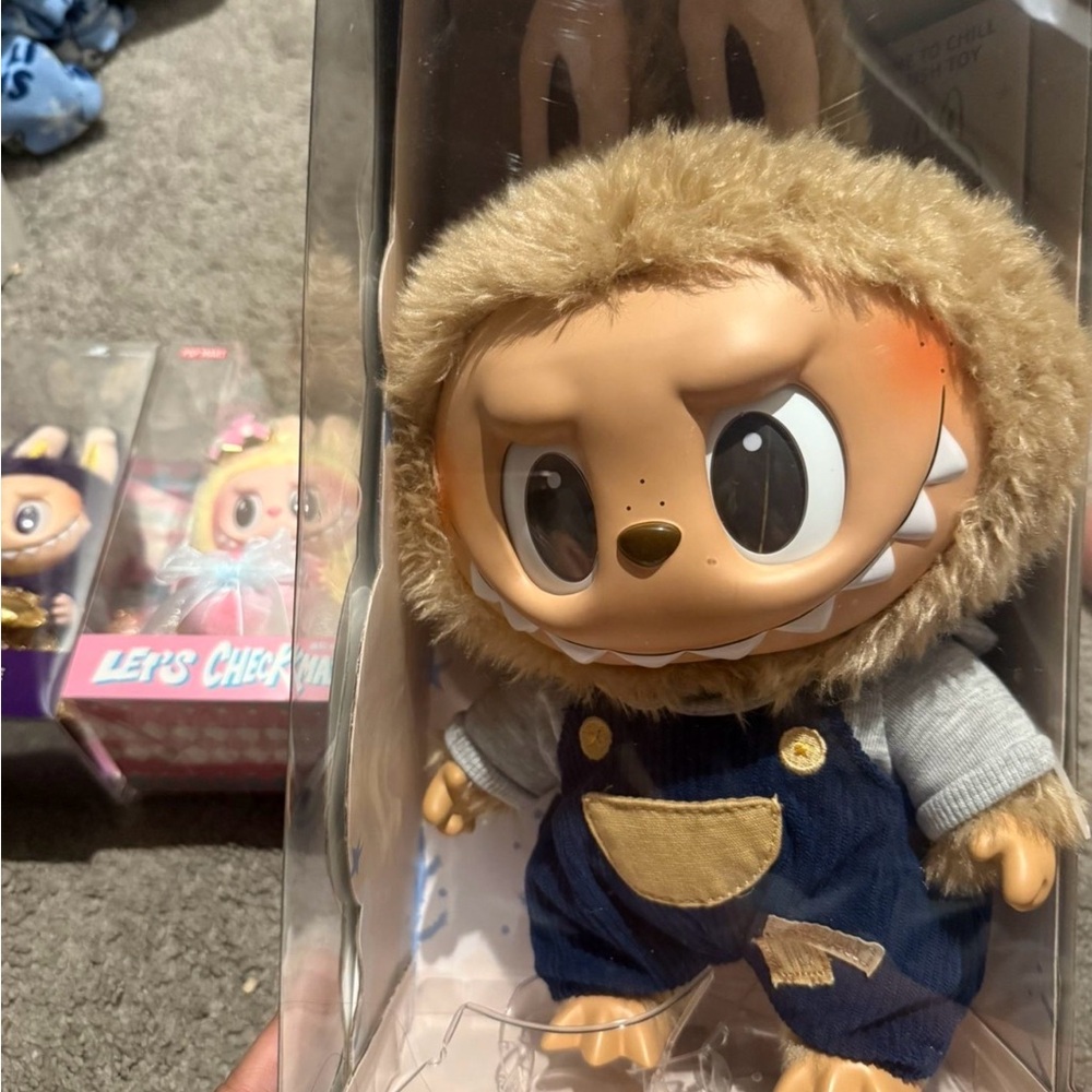 Plush Monster Doll in Brown Fur with Blue Overalls - Unknown Brand